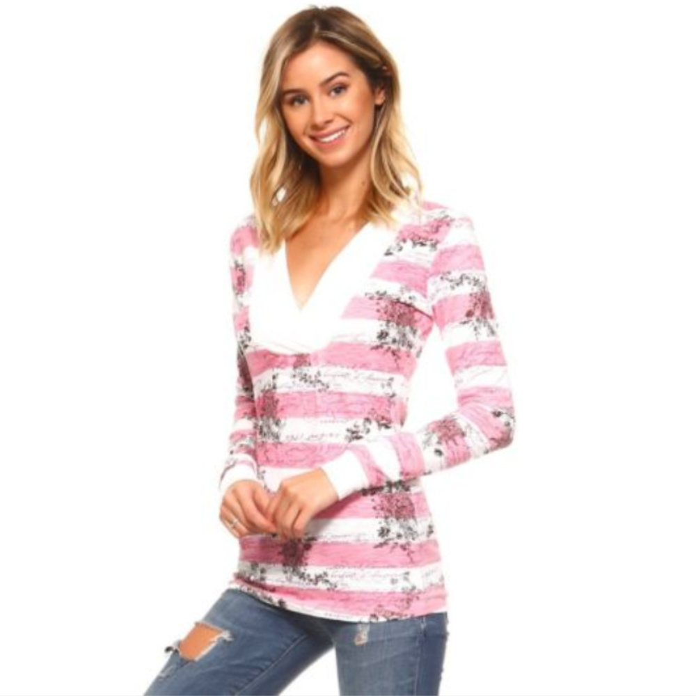 Women's Fashion L-sleeve Printed Stripe Hooded Top